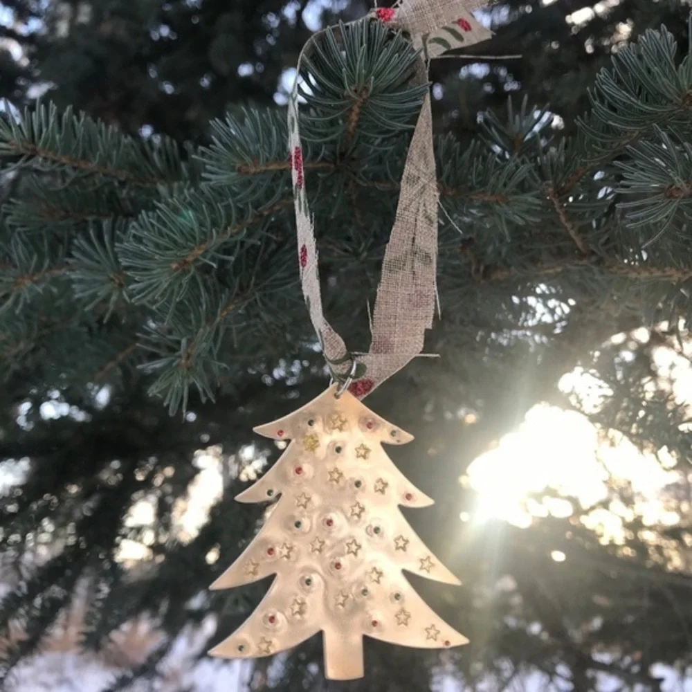 Handmade stamped gold tone brass tree holiday a Christmas‎ ornament